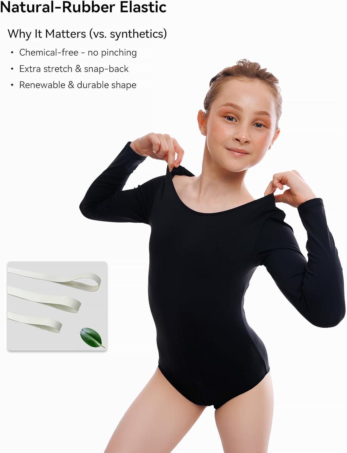 imageGirls Ballet Dance Long Sleeve Leotard Toddler Kids Gymnastics Ballerina Team Basic Solid Color Outfit with ScrunchieBlack