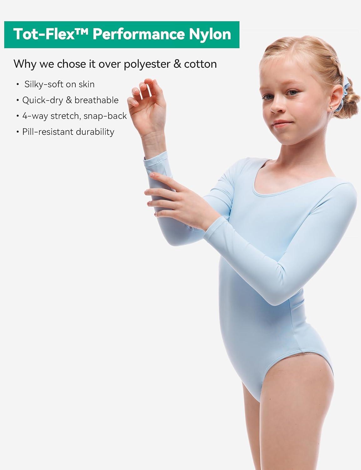 imageGirls Ballet Dance Long Sleeve Leotard Toddler Kids Gymnastics Ballerina Team Basic Solid Color Outfit with ScrunchieBlue