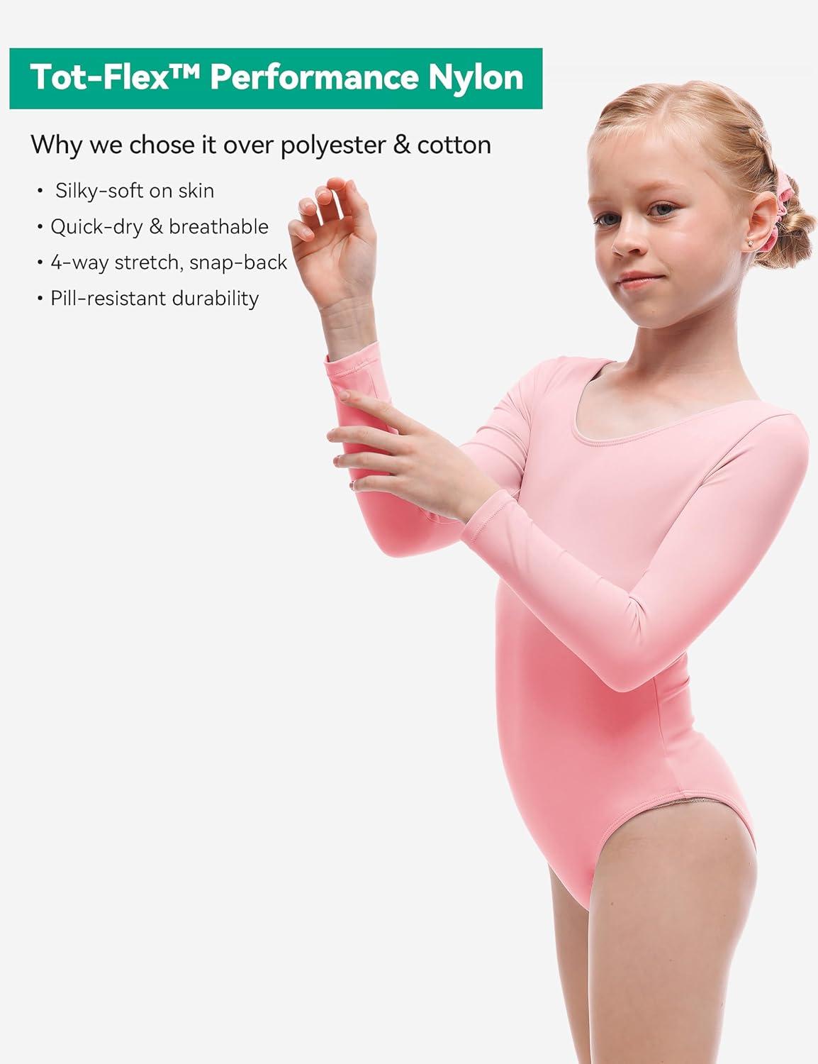 imageGirls Ballet Dance Long Sleeve Leotard Toddler Kids Gymnastics Ballerina Team Basic Solid Color Outfit with ScrunchiePink