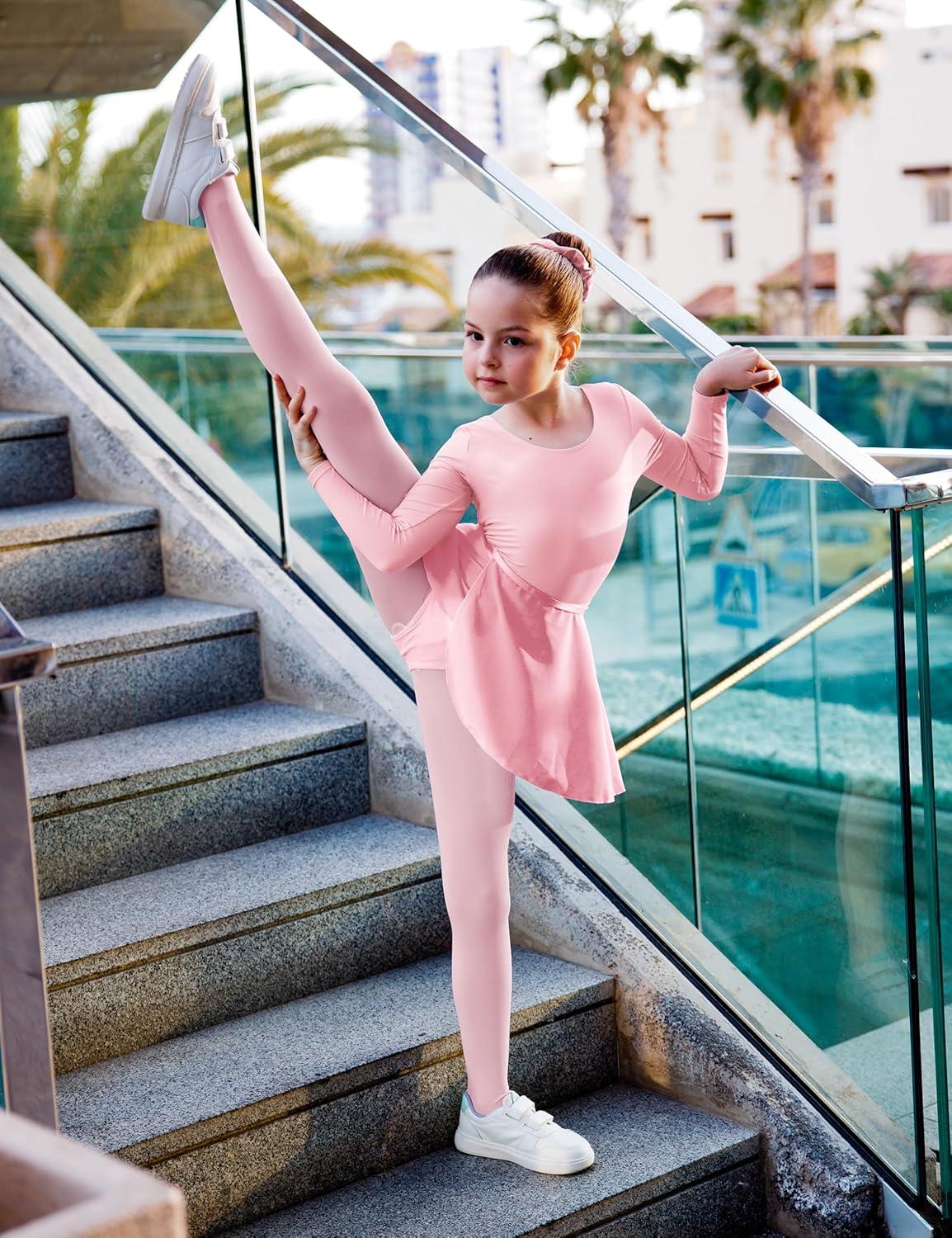 imageGirls Ballet Dance Long Sleeve Leotard with Removable Skirt and Tights Combo Toddlers Gymnastics Ballerina OutfitPink