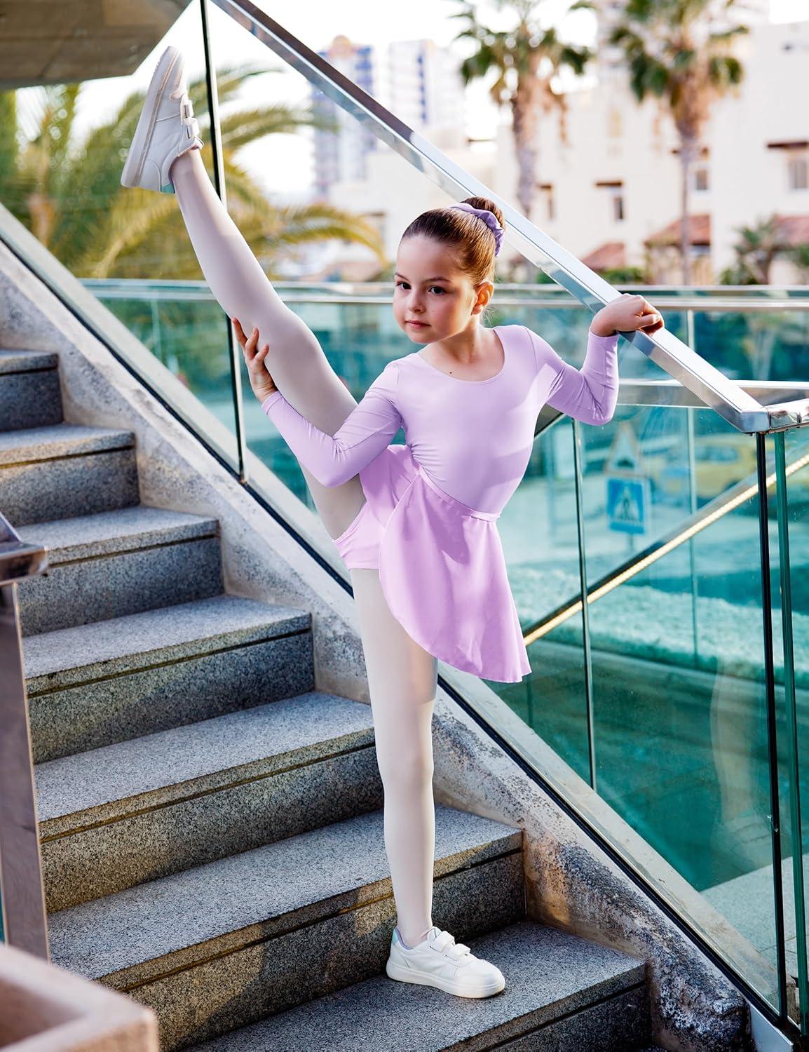 imageGirls Ballet Dance Long Sleeve Leotard with Removable Skirt and Tights Combo Toddlers Gymnastics Ballerina OutfitPurple