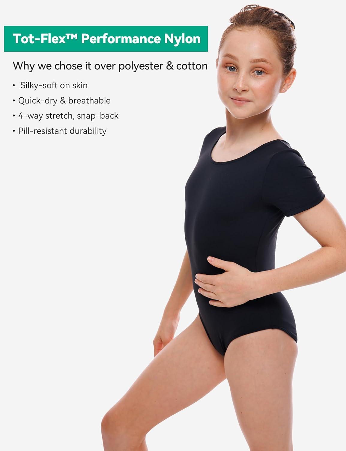 imageGirls Ballet Dance Short Sleeve Leotard Toddler Kids Gymnastics Ballerina Outfit with Bow Back ScrunchiesBlack
