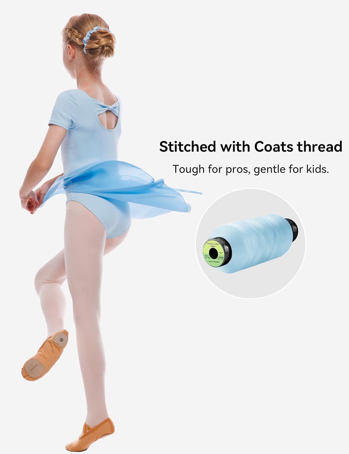 imageGirls Ballet Dance Short Sleeve Leotard Toddler Kids Gymnastics Ballerina Outfit with Bow Back ScrunchiesBlue