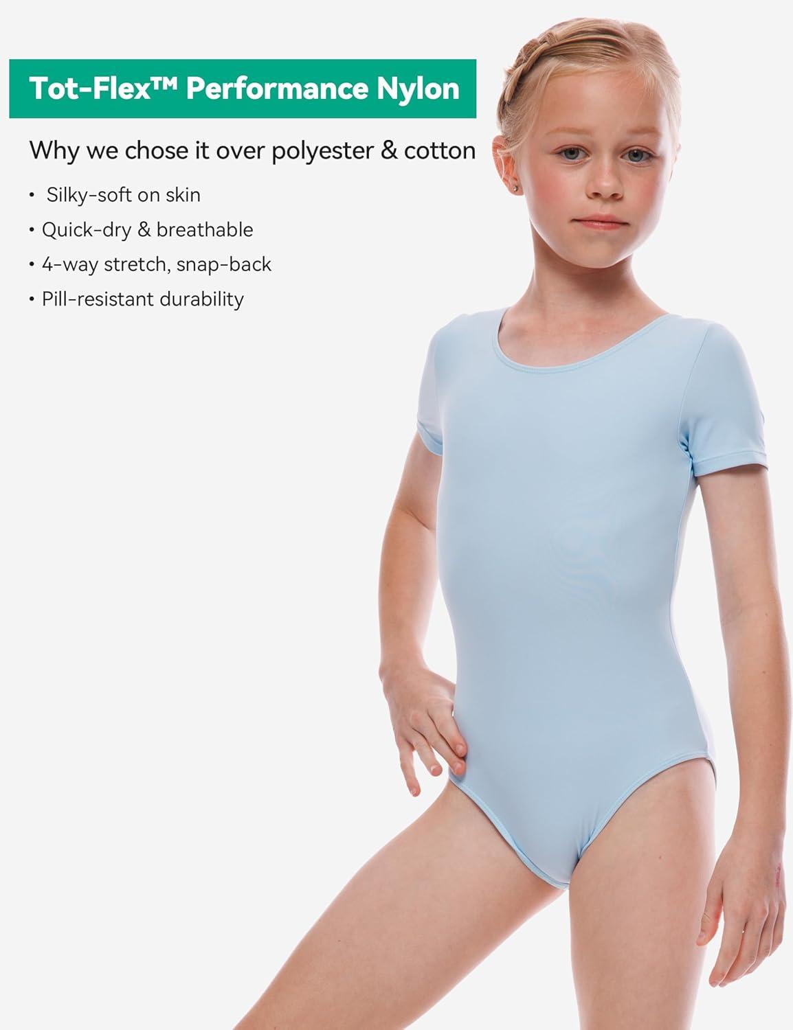 imageGirls Ballet Dance Short Sleeve Leotard Toddler Kids Gymnastics Ballerina Outfit with Bow Back ScrunchiesBlue