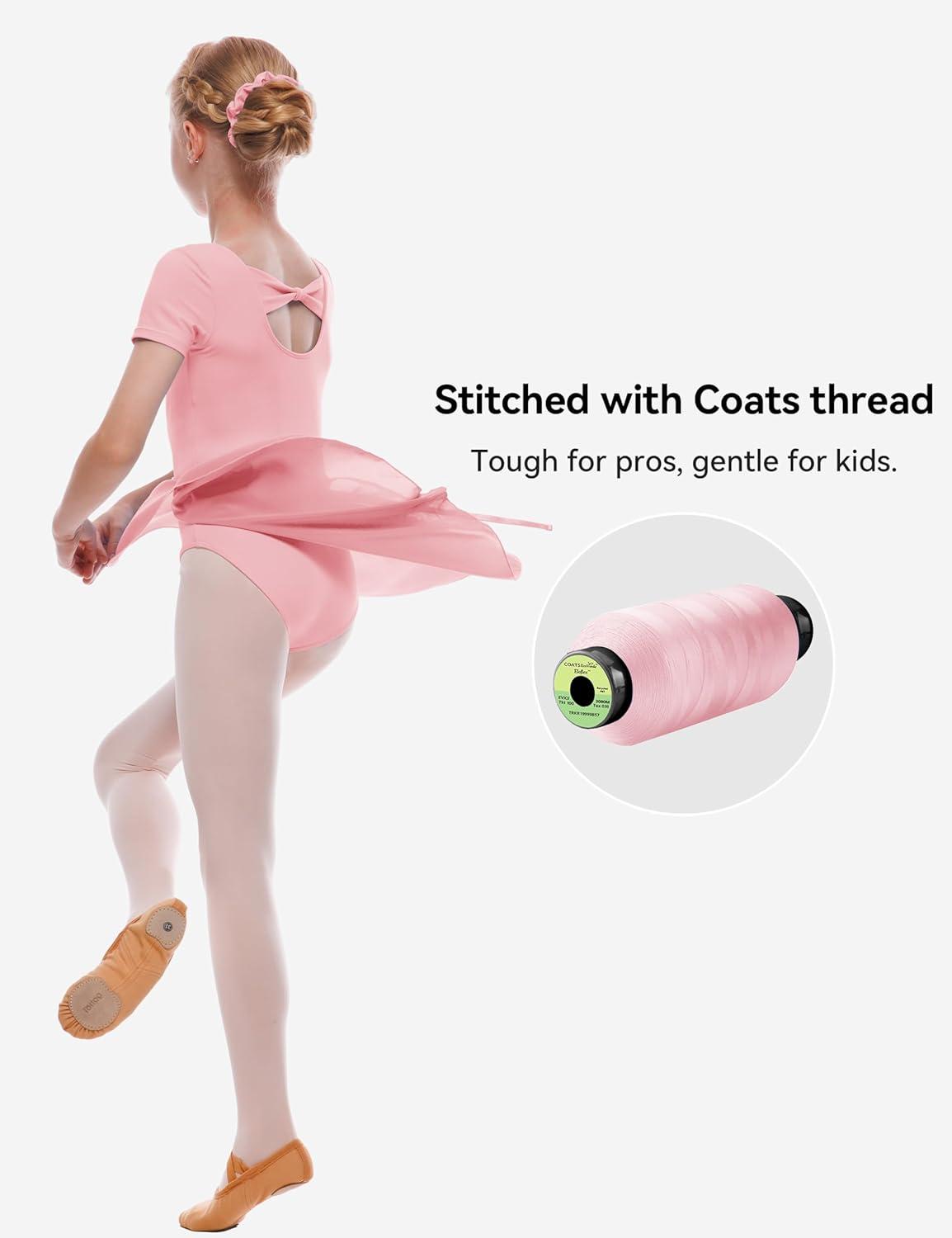 imageGirls Ballet Dance Short Sleeve Leotard Toddler Kids Gymnastics Ballerina Outfit with Bow Back ScrunchiesPink