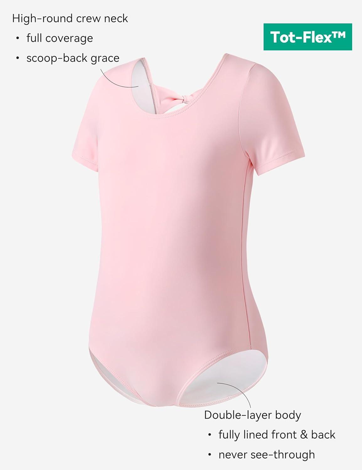imageGirls Ballet Dance Short Sleeve Leotard Toddler Kids Gymnastics Ballerina Outfit with Bow Back ScrunchiesPink