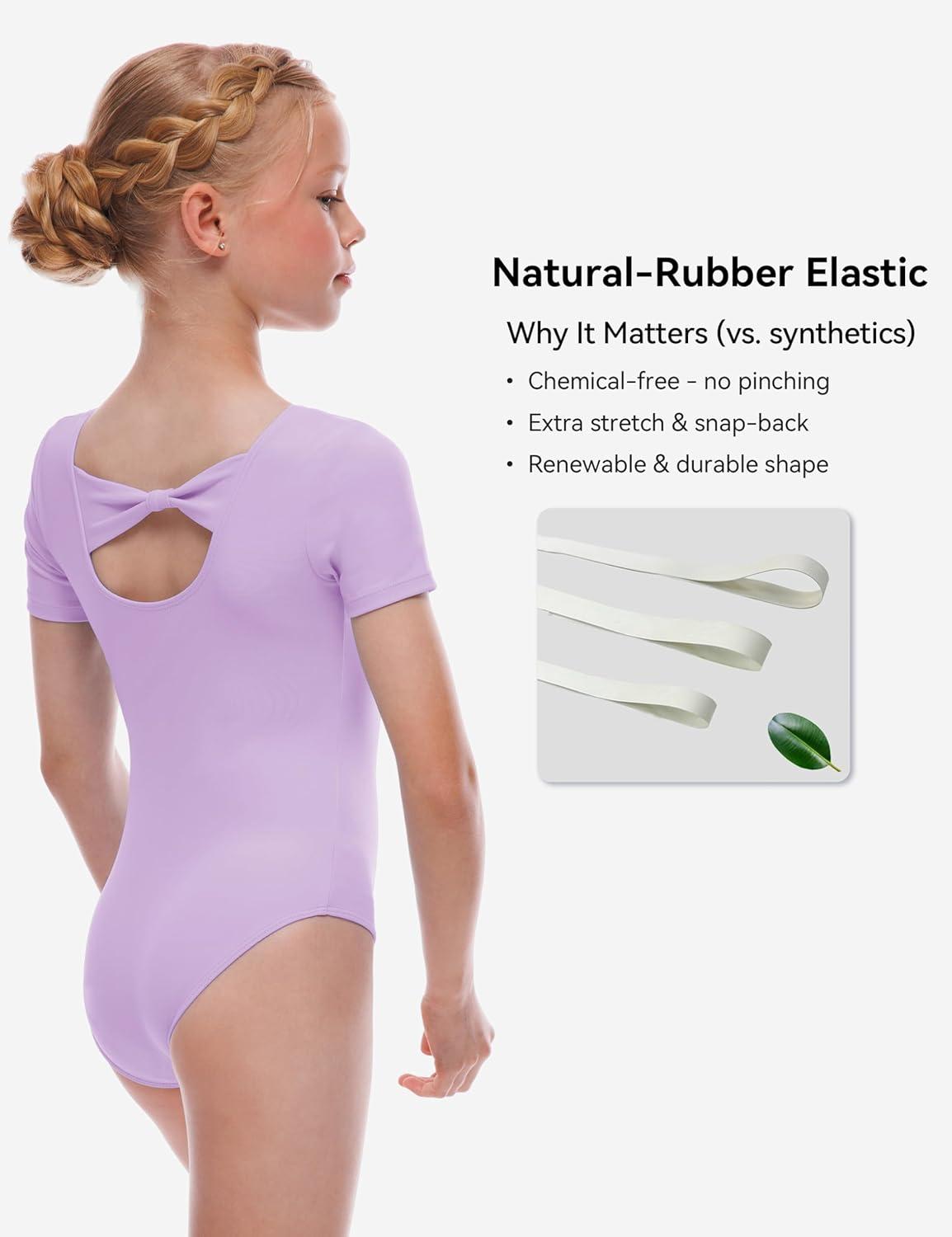 imageGirls Ballet Dance Short Sleeve Leotard Toddler Kids Gymnastics Ballerina Outfit with Bow Back ScrunchiesPurple