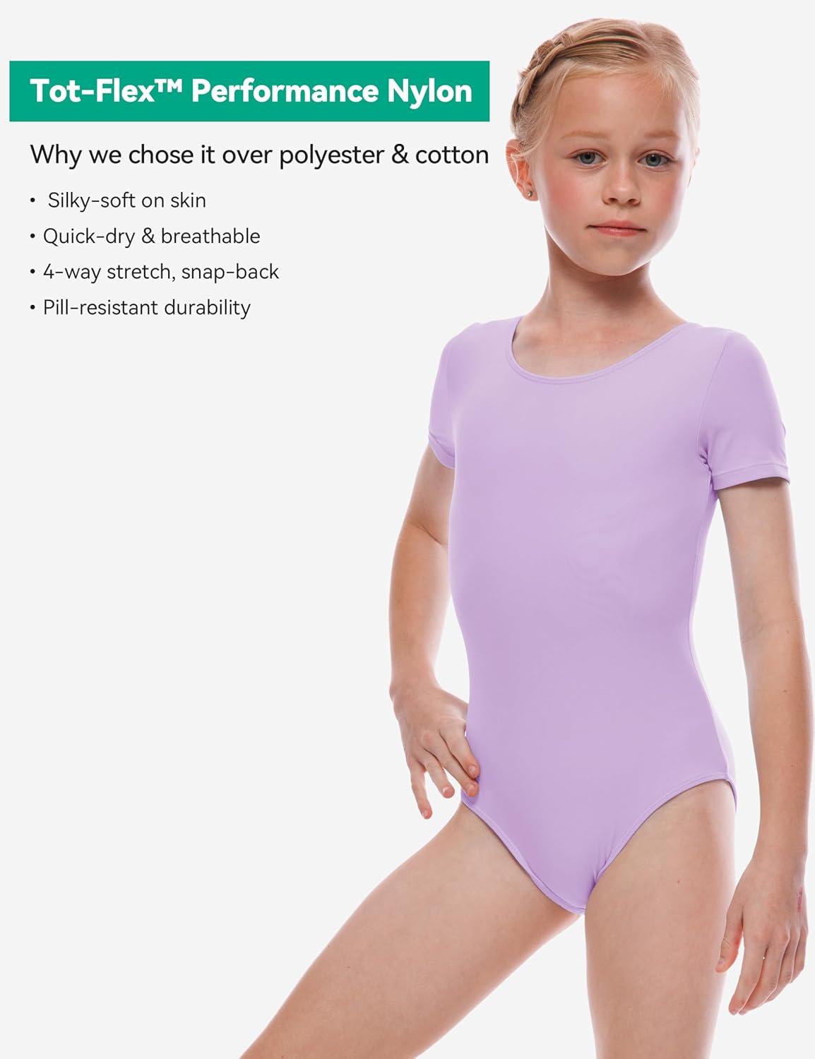 imageGirls Ballet Dance Short Sleeve Leotard Toddler Kids Gymnastics Ballerina Outfit with Bow Back ScrunchiesPurple