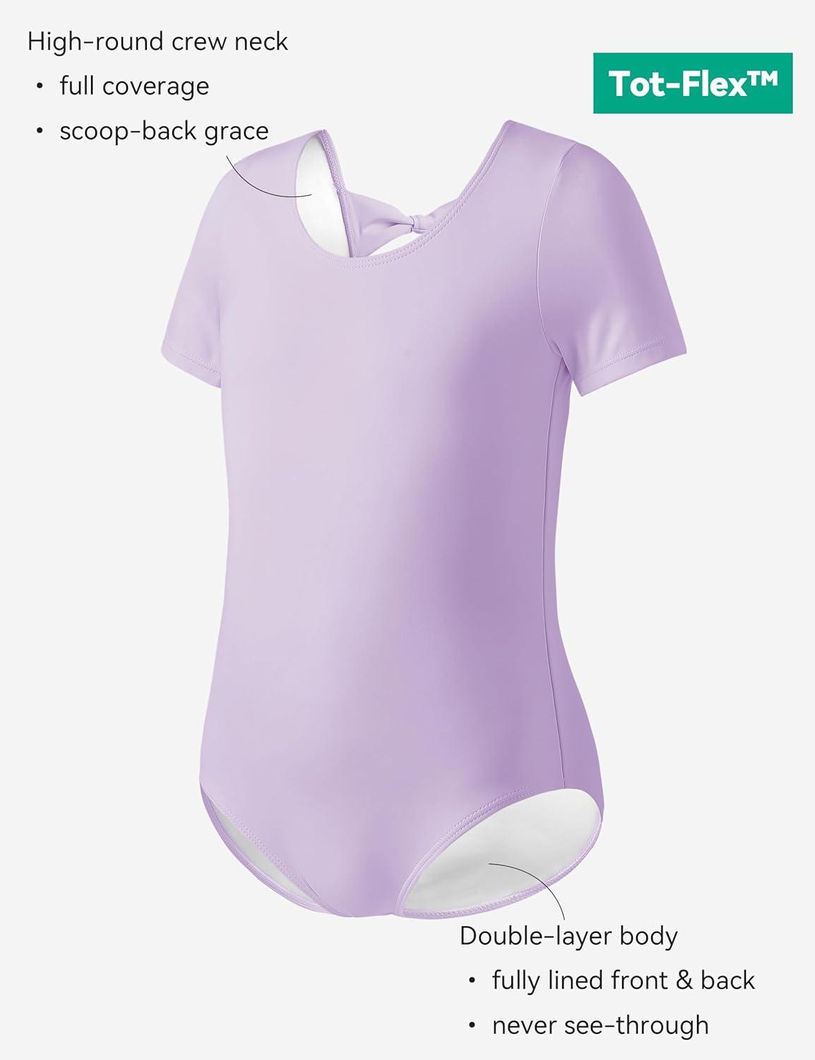 imageGirls Ballet Dance Short Sleeve Leotard Toddler Kids Gymnastics Ballerina Outfit with Bow Back ScrunchiesPurple