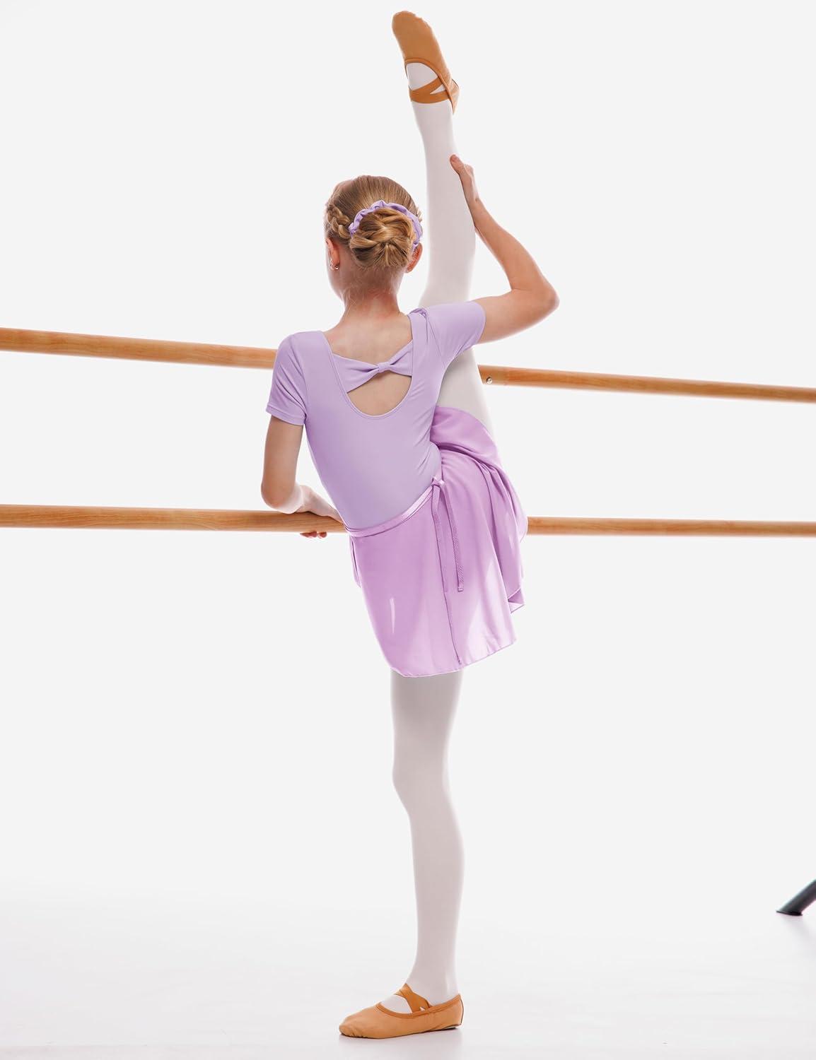 imageGirls Ballet Dance Short Sleeve Leotard with Removable Skirt and Tights Combo Toddlers Gymnastics Ballerina OutfitPurple