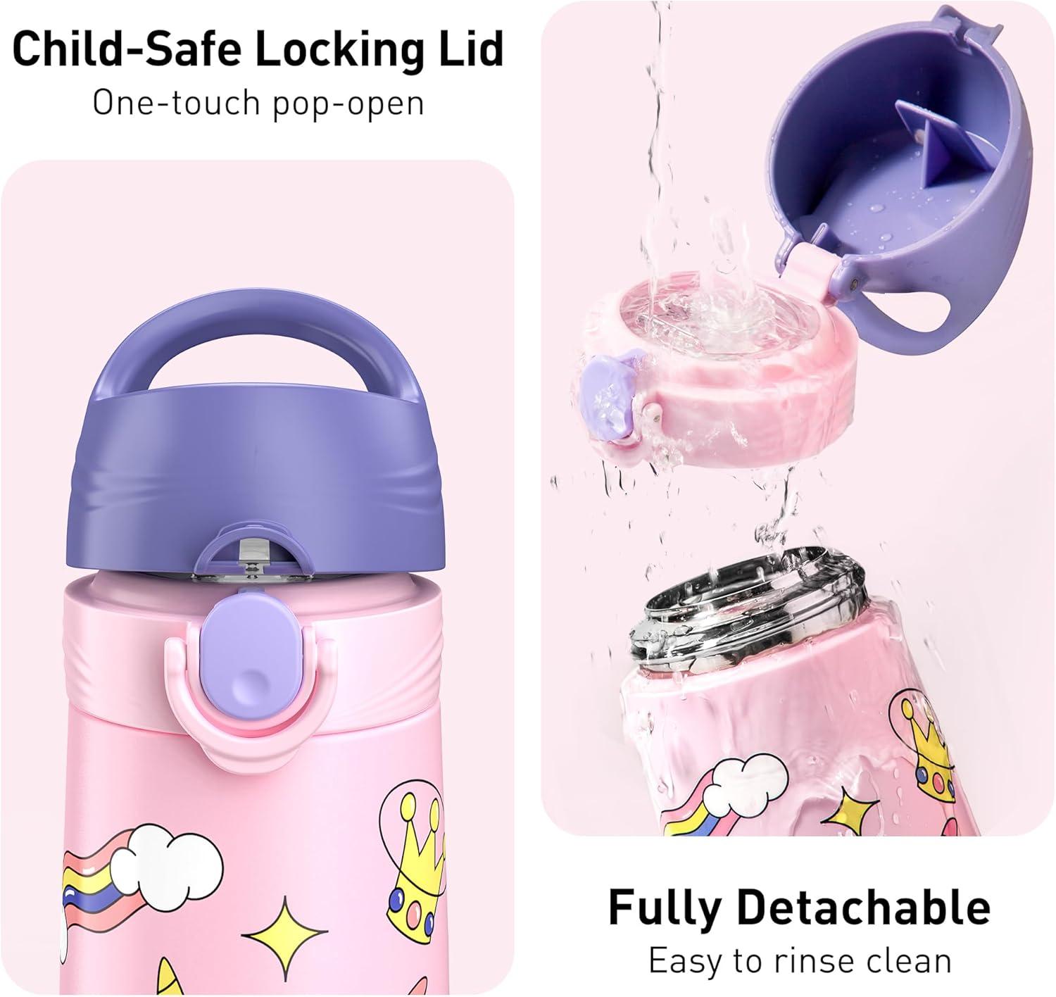 imageUnicorn Kids Insulated Stainless Steel Water Bottle with Straw for School 16 oz Thermal Vacuum Leakproof Tumbler with Lid BPAFree for Girls Toddlers Boys Children