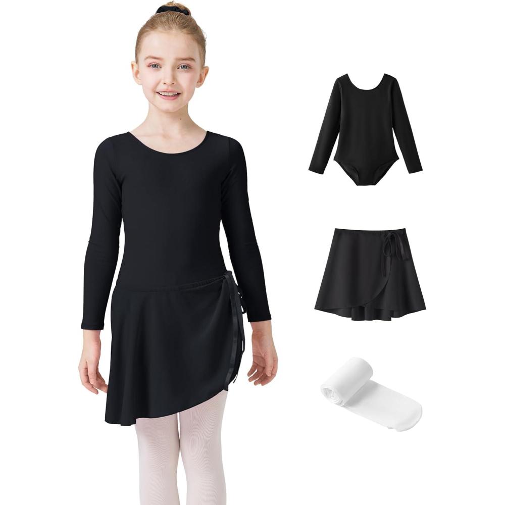 imageGirls Ballet Dance Long Sleeve Leotard with Removable Skirt and Tights Combo Toddlers Gymnastics Ballerina OutfitBlack