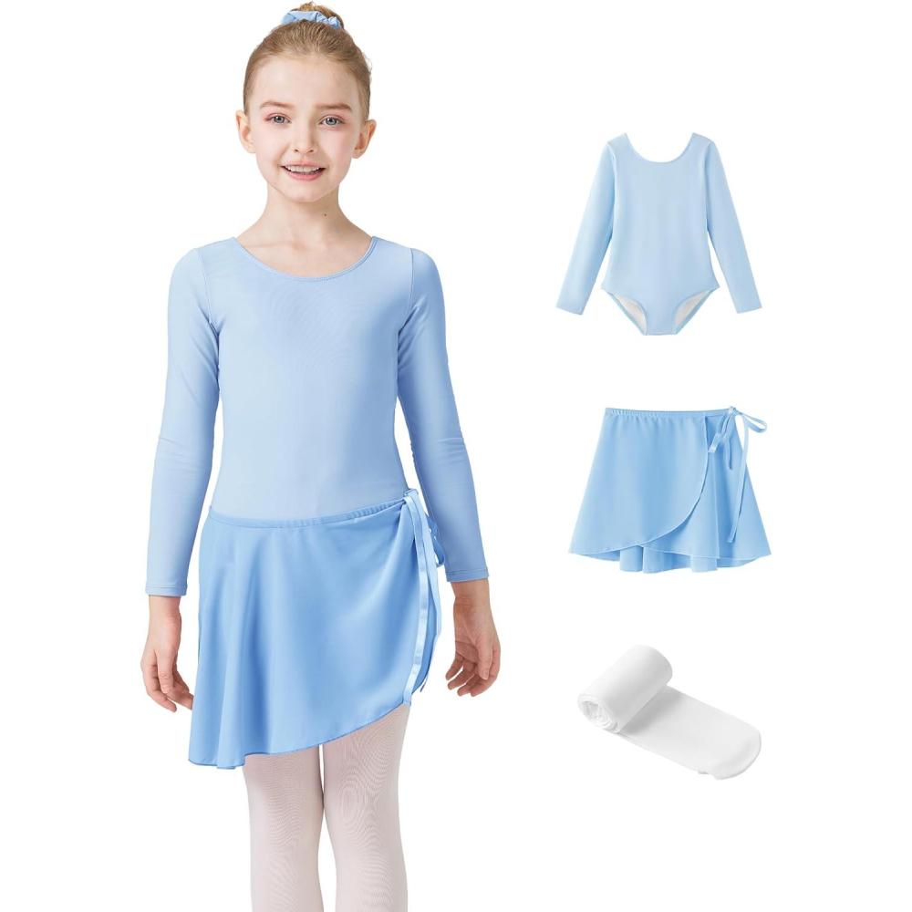 imageGirls Ballet Dance Long Sleeve Leotard with Removable Skirt and Tights Combo Toddlers Gymnastics Ballerina OutfitBlue