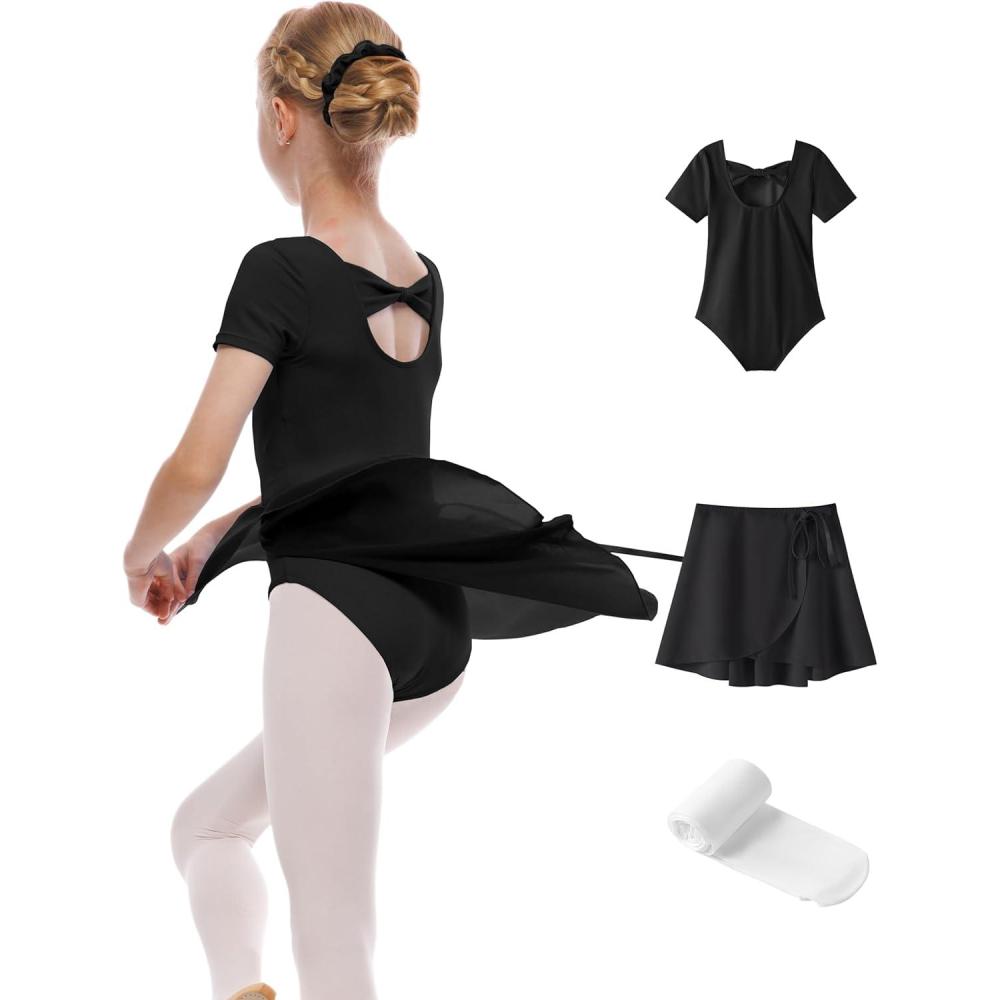 imageGirls Ballet Dance Short Sleeve Leotard with Removable Skirt and Tights Combo Toddlers Gymnastics Ballerina OutfitBlack