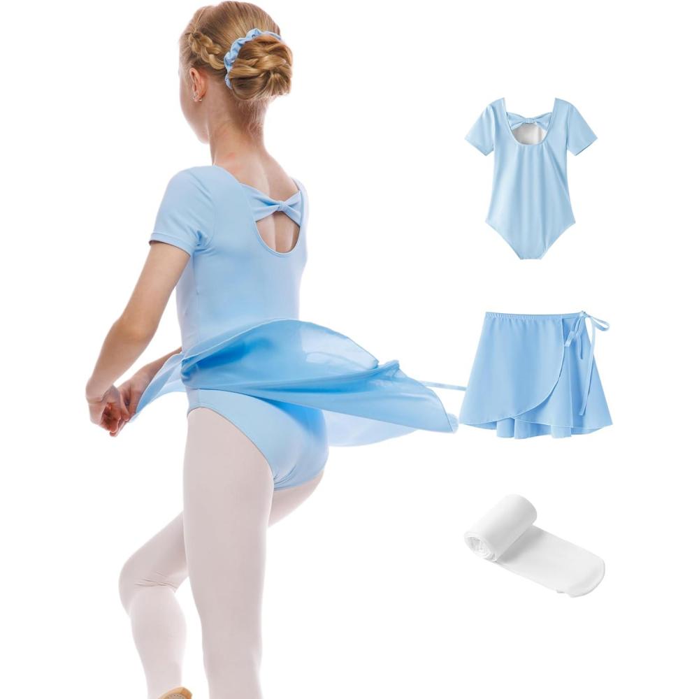 imageGirls Ballet Dance Short Sleeve Leotard with Removable Skirt and Tights Combo Toddlers Gymnastics Ballerina OutfitBlue