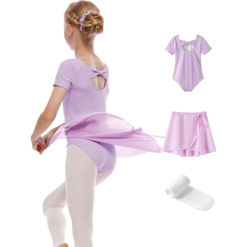 imageGirls Ballet Dance Short Sleeve Leotard with Removable Skirt and Tights Combo Toddlers Gymnastics Ballerina OutfitPurple