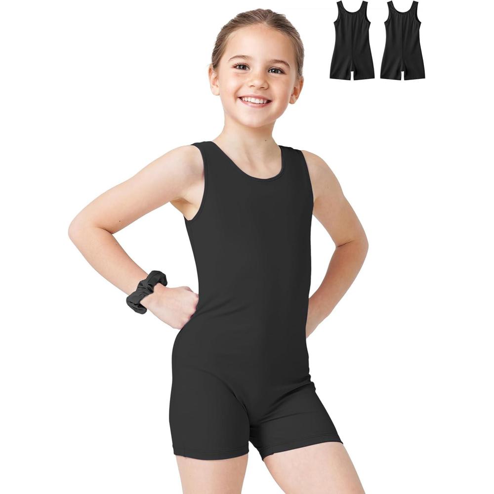 imageGirls Gymnastics Dance Sleeveless Leotard with Shorts Toddler Kids Tank Tumbling Biketard Unitard Outfit 2 PackBlack
