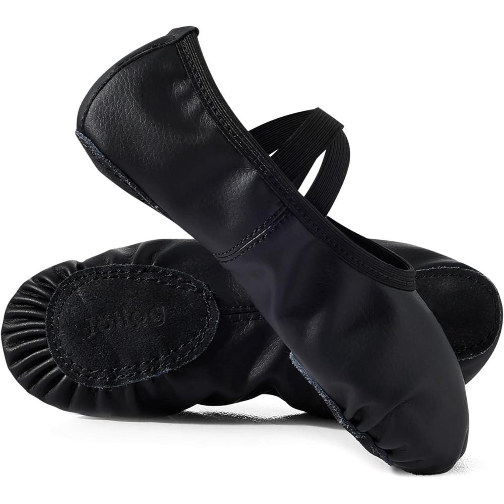 imageLeather Ballet Dance Shoes for Little Girls Boys Toddler Kids Split Sole Ballerina Soft SlippersBlack