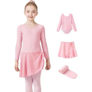 Girls Ballet Dance Long Sleeve Leotard with Removable Skirt and Tights Combo, Toddlers Gymnastics Ballerina Outfit(Pink)