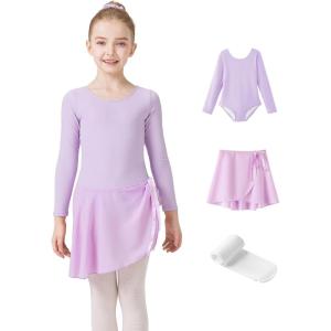 Girls Ballet Dance Long Sleeve Leotard with Removable Skirt and Tights Combo, Toddlers Gymnastics Ballerina Outfit(Purple)