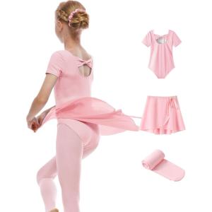 Girls Ballet Dance Short Sleeve Leotard with Removable Skirt and Tights Combo, Toddlers Gymnastics Ballerina Outfit(Pink)